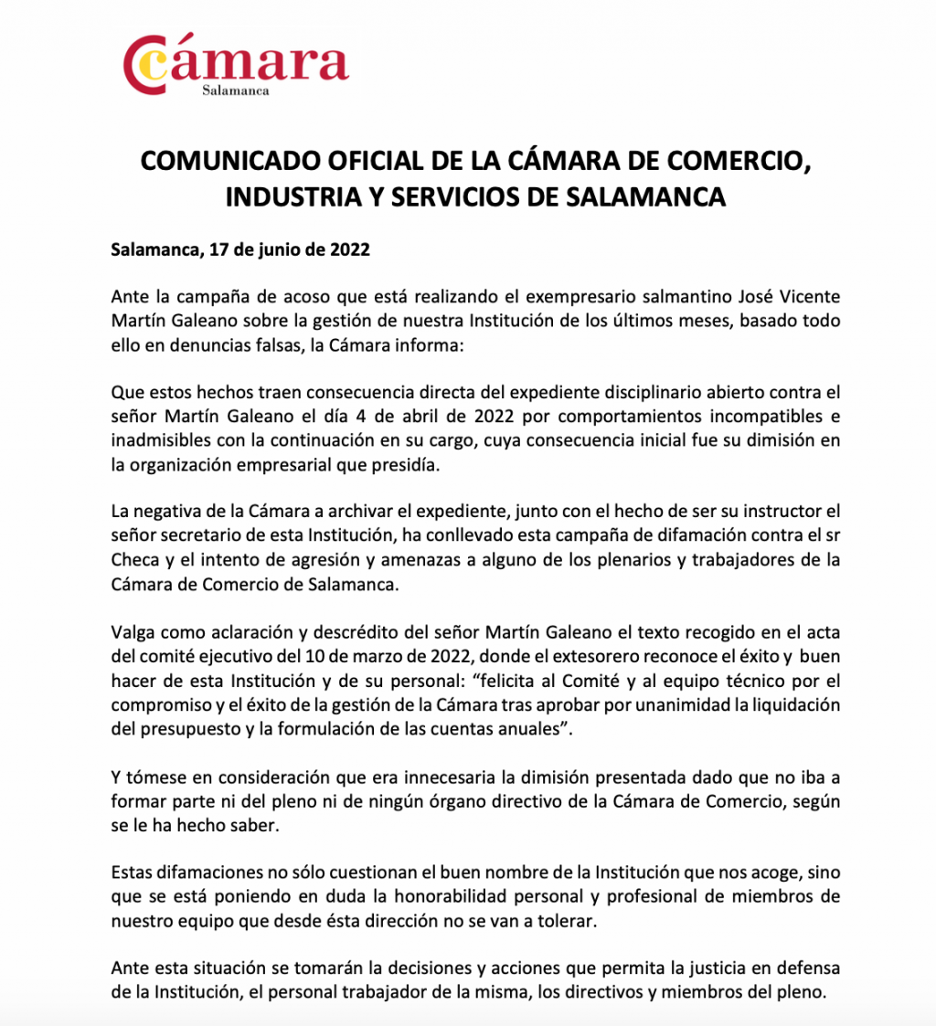 COMUNICADO OFICIAL CAMARA DE COMERCIO DE SALAMANCA